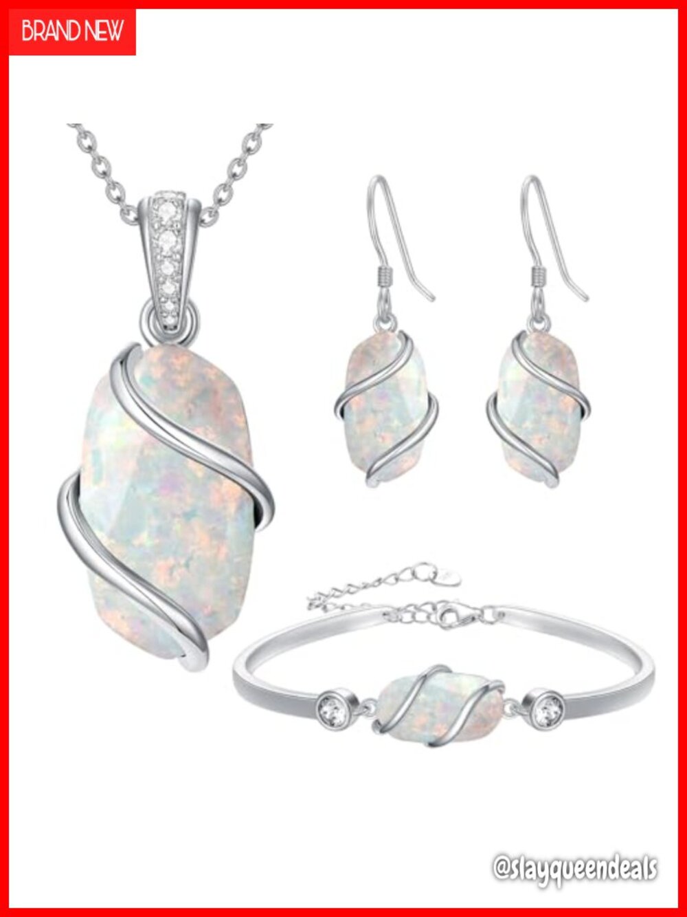 925 Sterling Silver Opal Necklace Bracelet Earring Set October Birthstone Gift